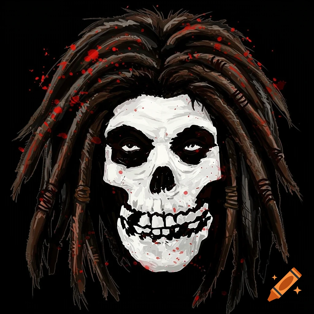 Stylized skull with black eye sockets, dreadlocks, and red splatters