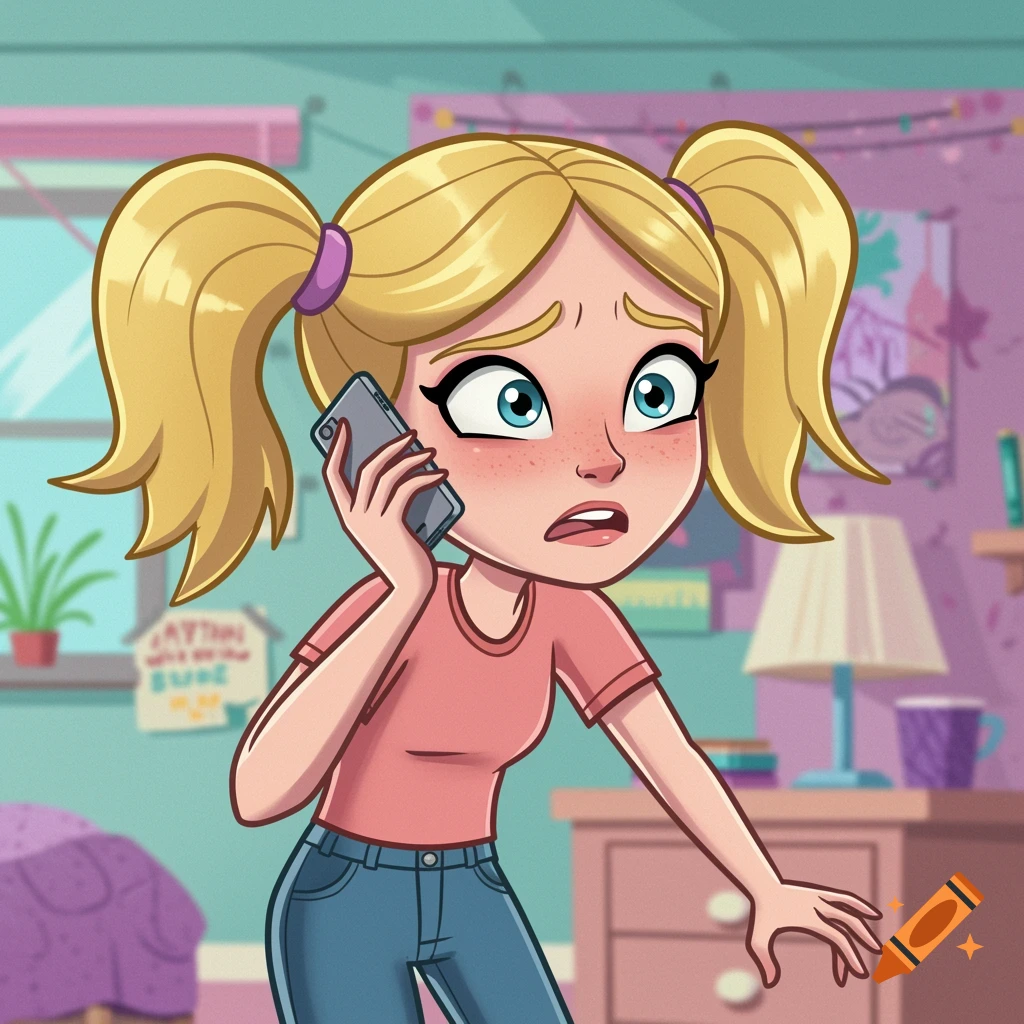 A cartoon illustration of a worried blonde teenage girl with pigtails talking on a smartphone in a cluttered bedroom.