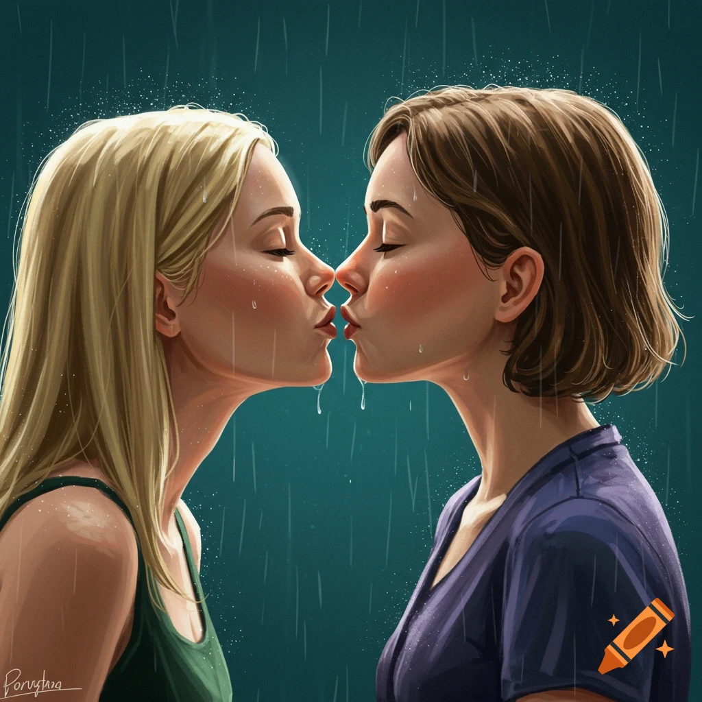 Two women kissing in the rain.