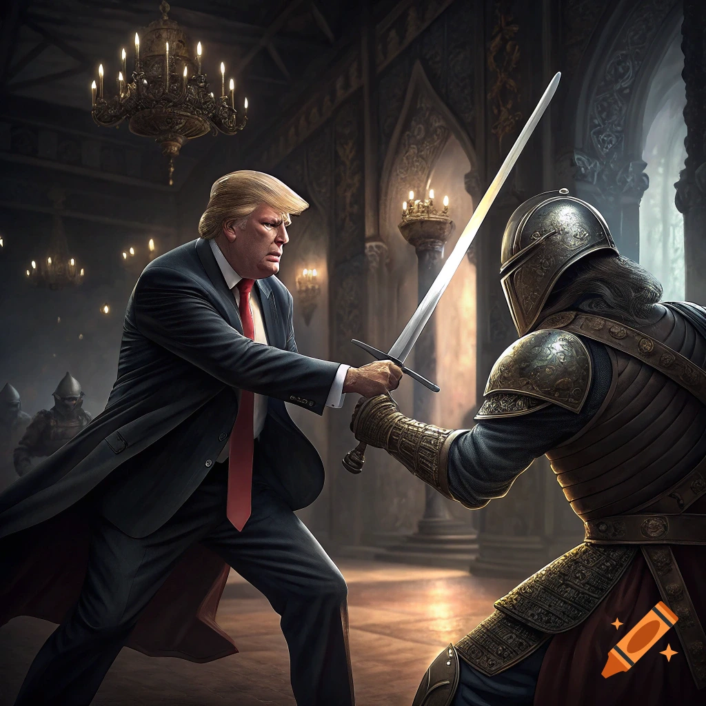 Man resembling Donald Trump in suit duels knight in armor in opulent hall.