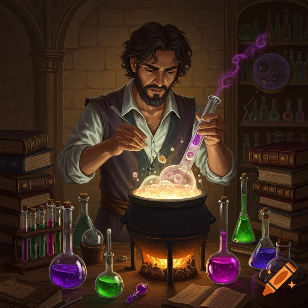 An alchemist experimenting in a laboratory with colorful liquids and bubbling potions.