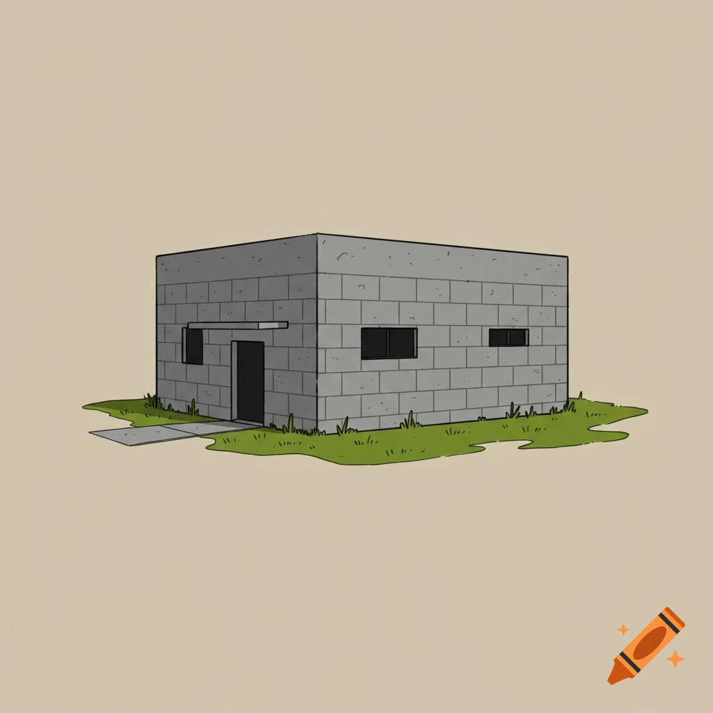 A 2D cartoon illustration of a simple one-story concrete block house with a door and windows, sitting on a patch of grass.