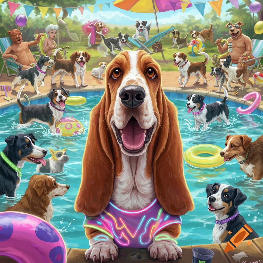 Dogs at a pool party, featuring a large anthropomorphic basset hound in the foreground.