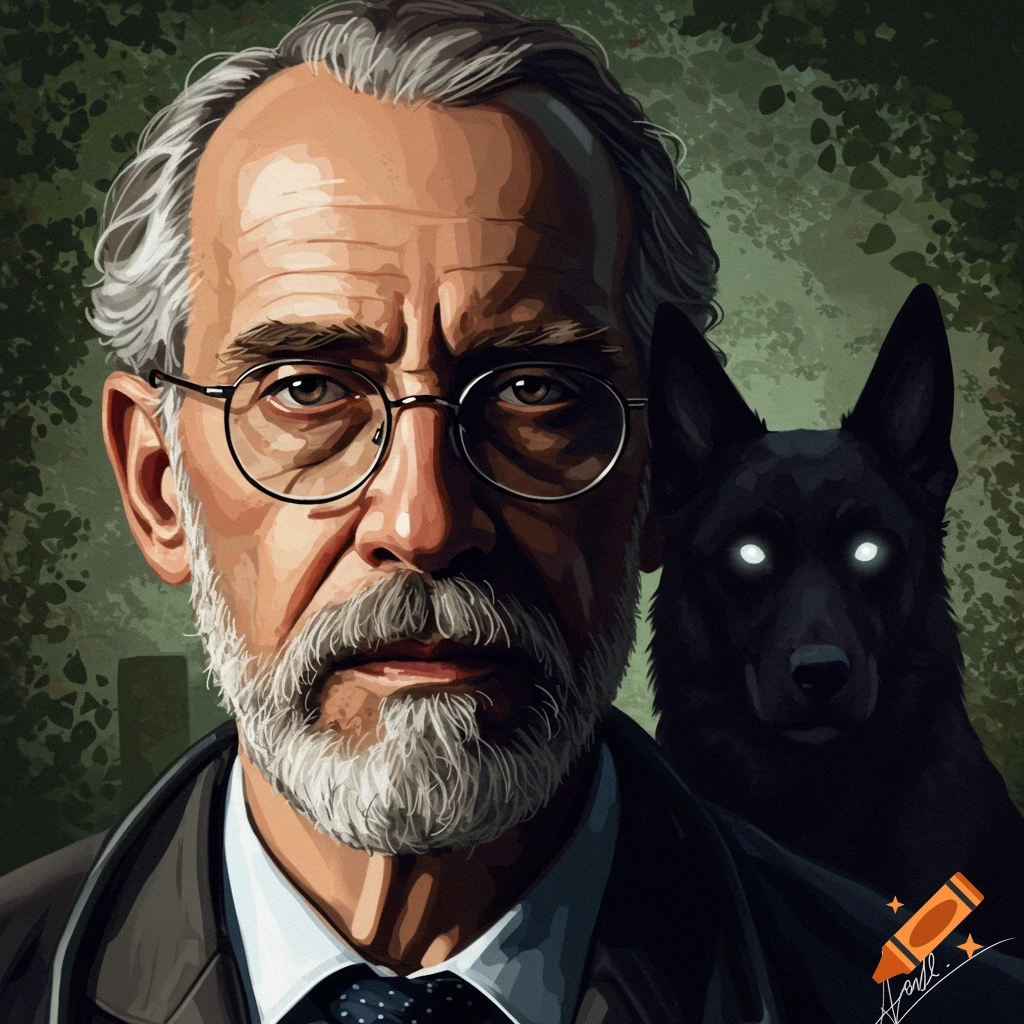 A man with glasses and beard is shown next to a black dog with glowing eyes.