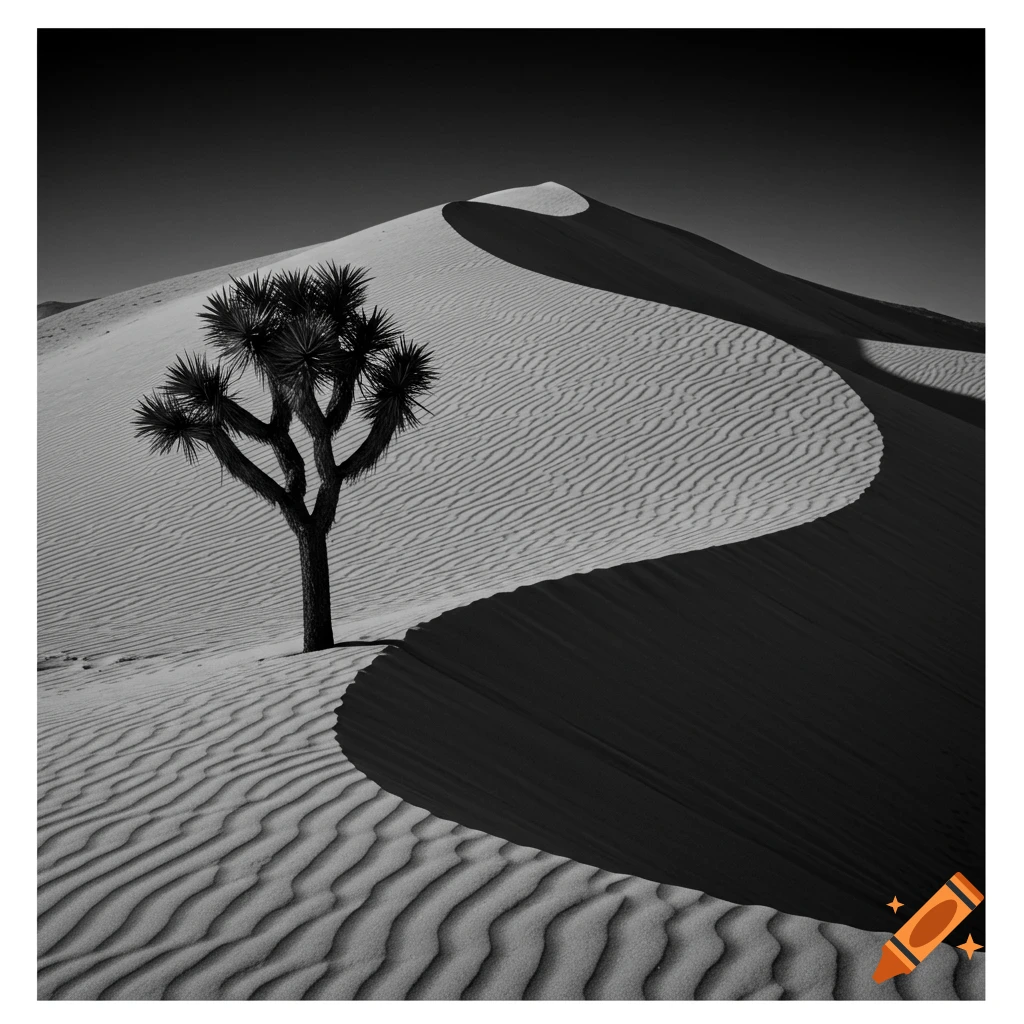 High contrast black and white landscape of a Joshua tree on a desert dune.