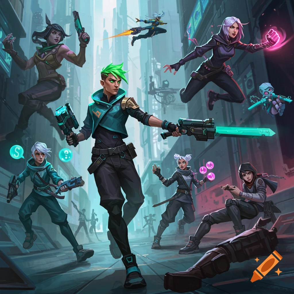 Stylized characters in action poses in a futuristic city.