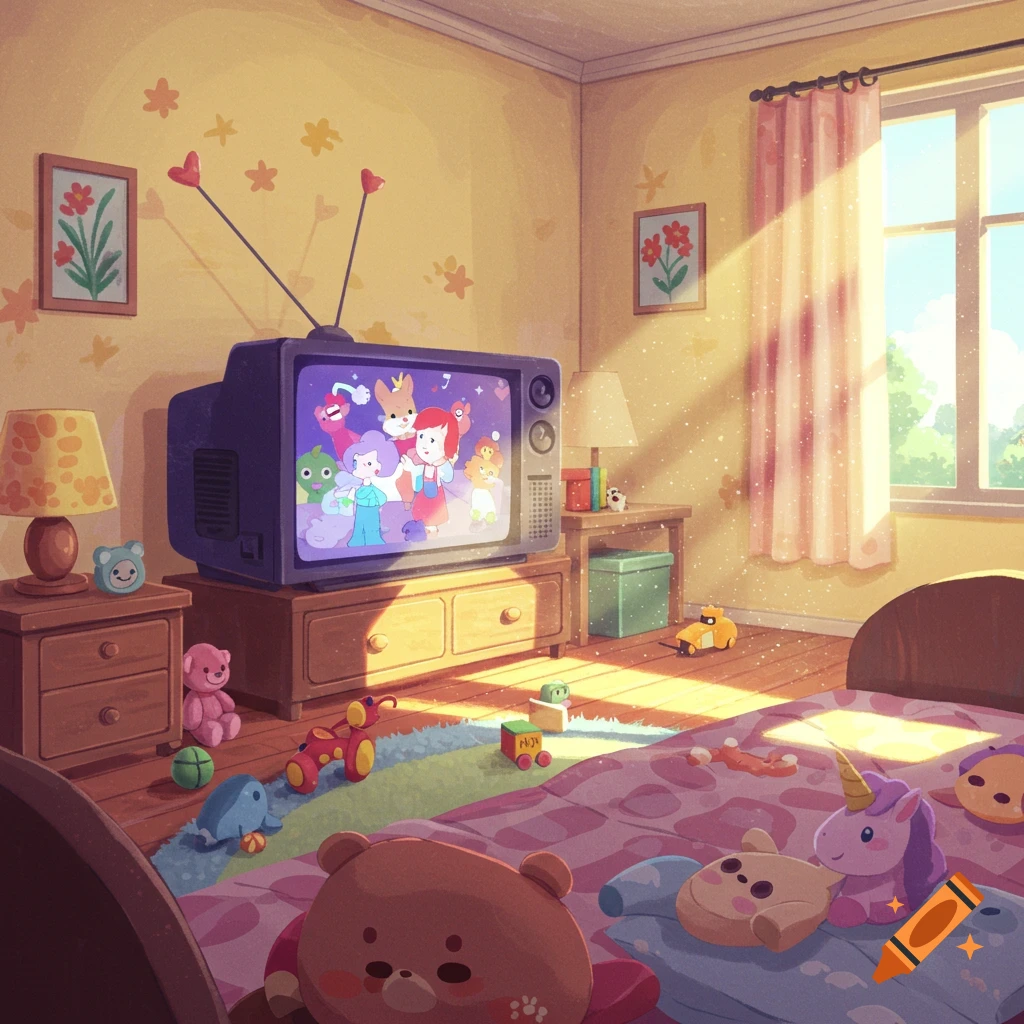 A child's bedroom with a TV showing cartoons, sunlight streaming through a window, and toys scattered on the floor and bed.