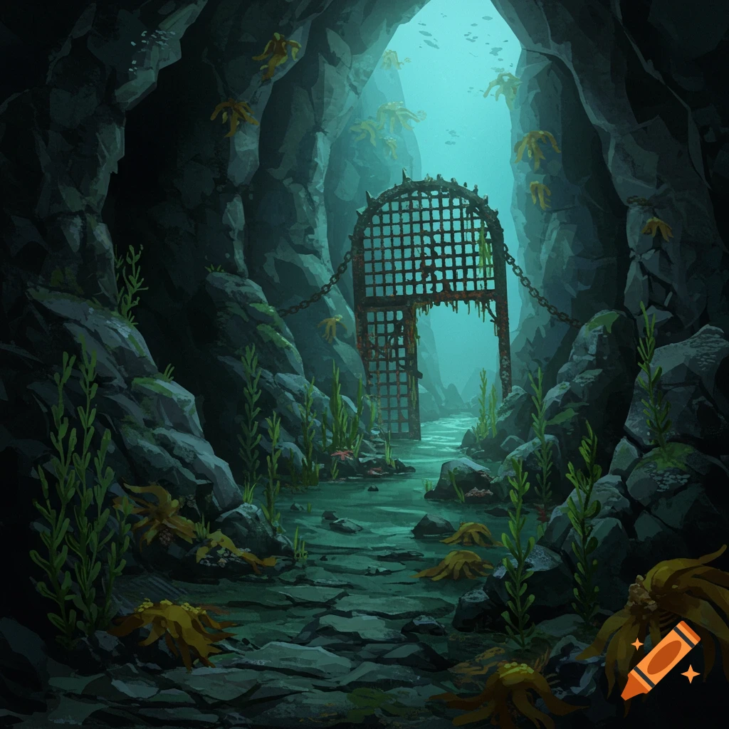 A flooded underwater cave with a large rusted gate and seaweed.