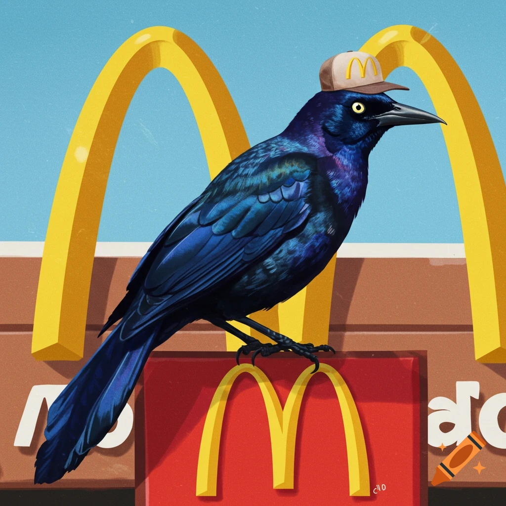 A blue bird wearing a McDonald's hat in front of a McDonald's sign.