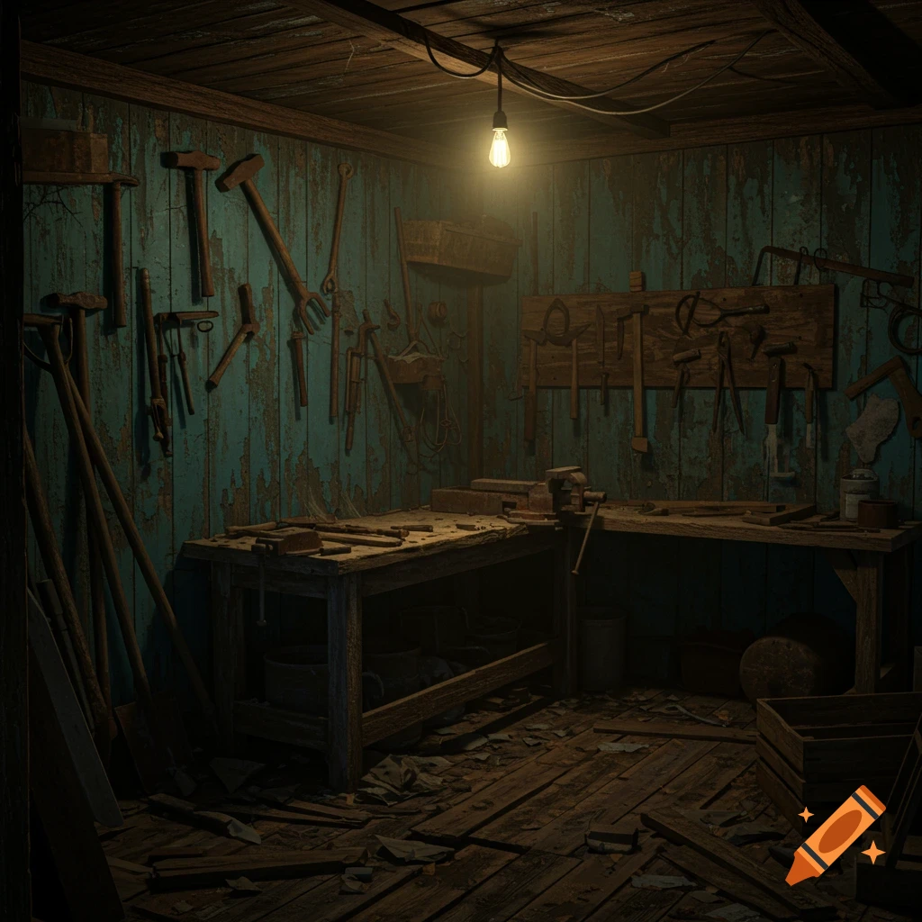 Interior of a run-down tool shed with tools hanging on the wall and on a workbench.