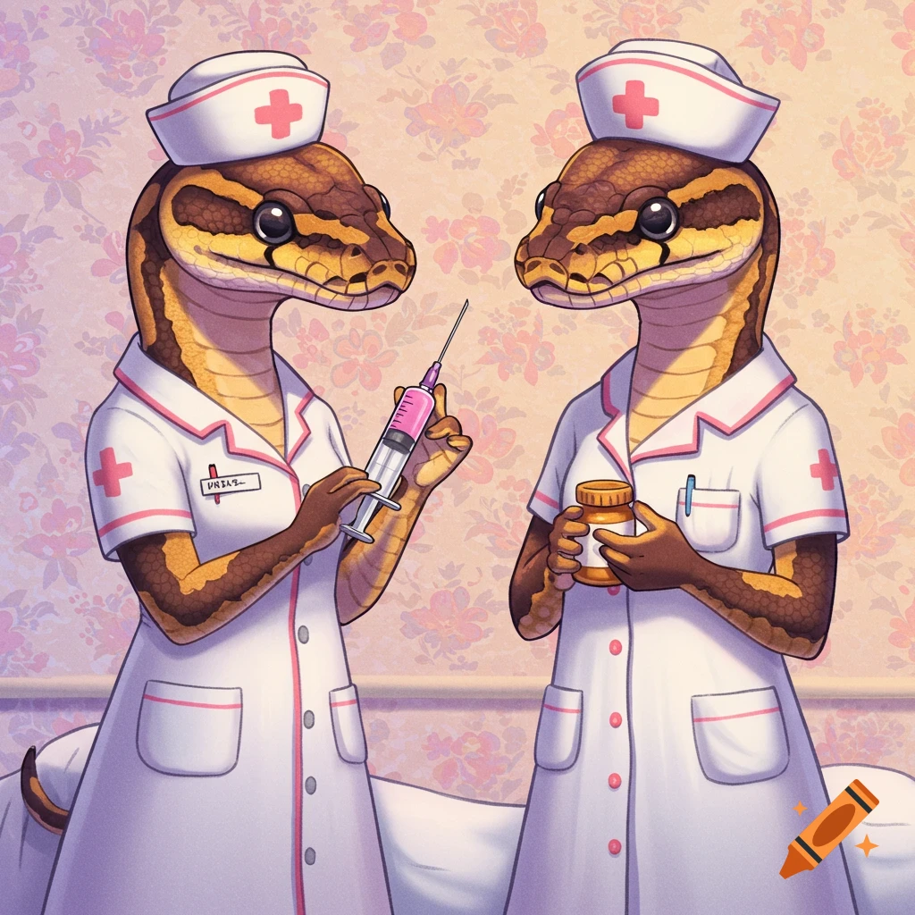 Two ball pythons dressed as nurses, holding a syringe and medicine bottle.