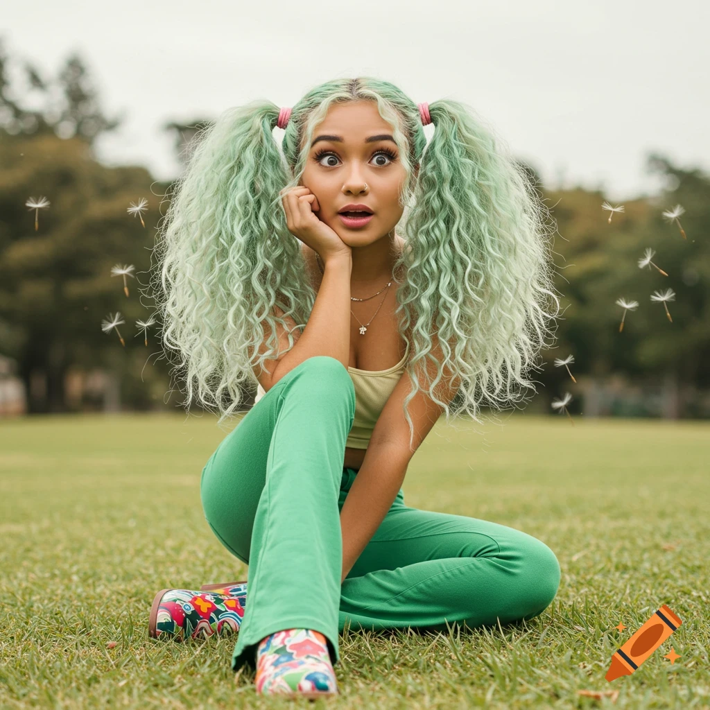 Young woman with green curly pigtails sits on grass with dandelion seeds floating
