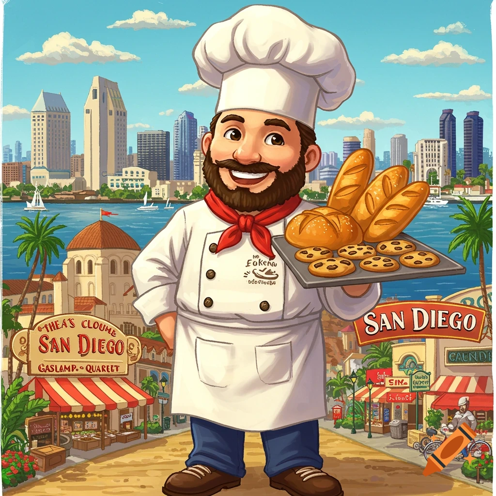 A cartoon baker holding bread and cookies in front of the San Diego skyline.