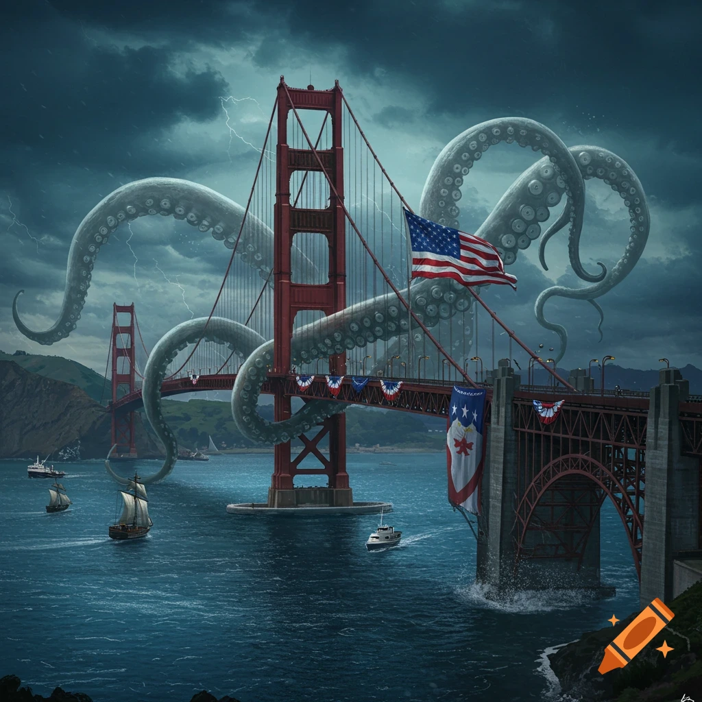 A giant kraken attacks a red suspension bridge with an American flag under a stormy sky.