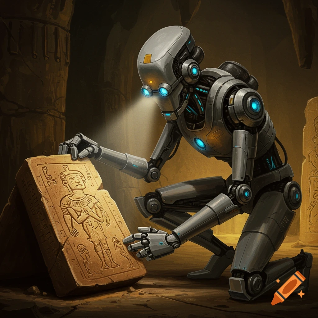 A robot archaeologist inspects an ancient stone artifact with carvings in a ruined temple.