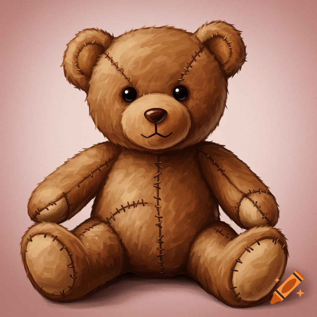 A classic brown teddy bear with stitched details sitting against a pastel pink background.