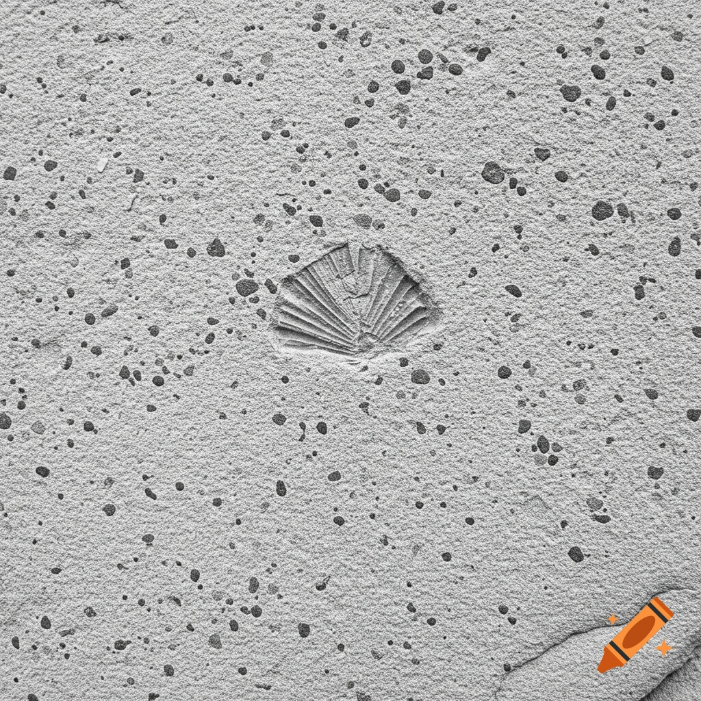 Black and white drawing of a fossil in speckled rock