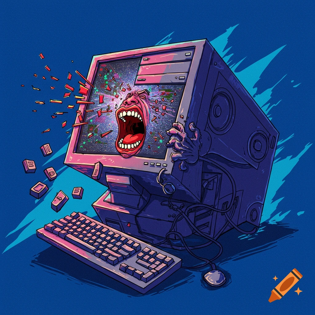 Illustration of a screaming computer monitor with keyboard and mouse