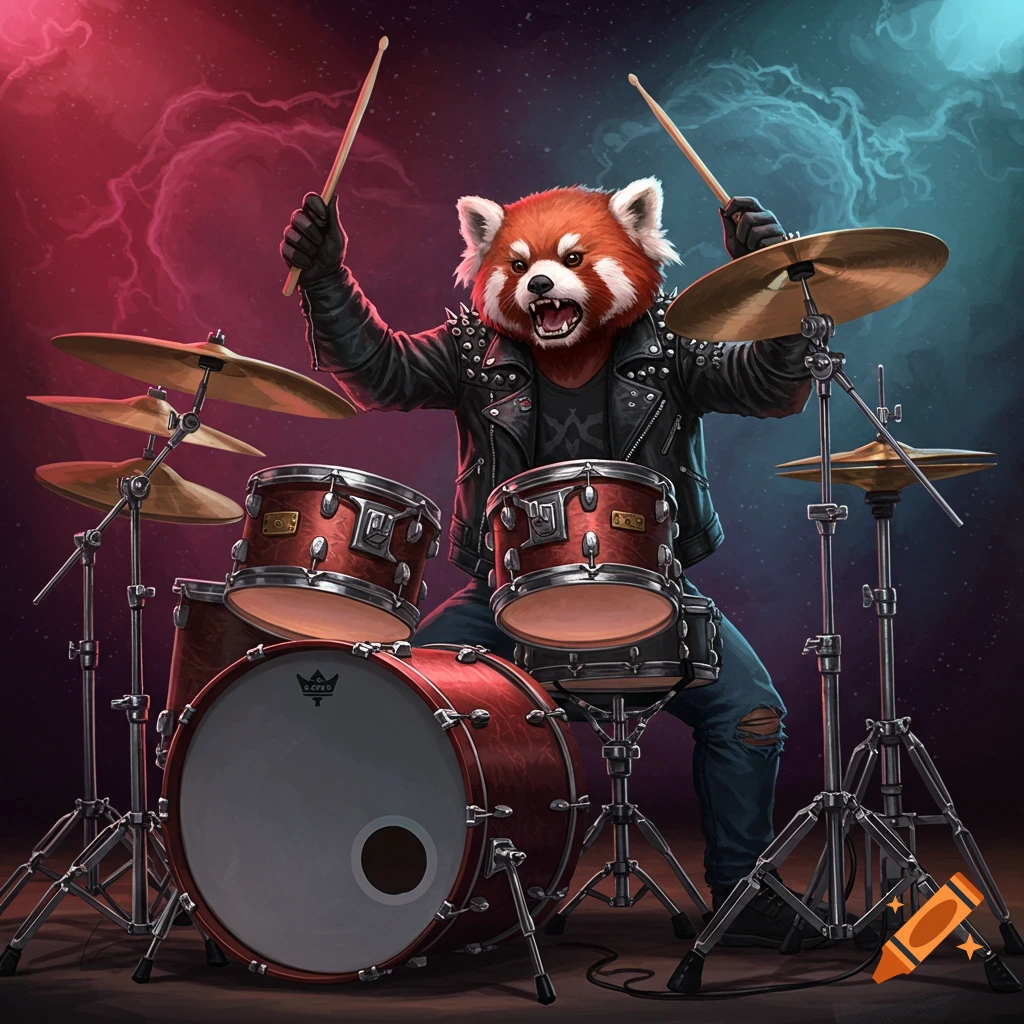 Red panda playing heavy metal drums, wearing a leather jacket.