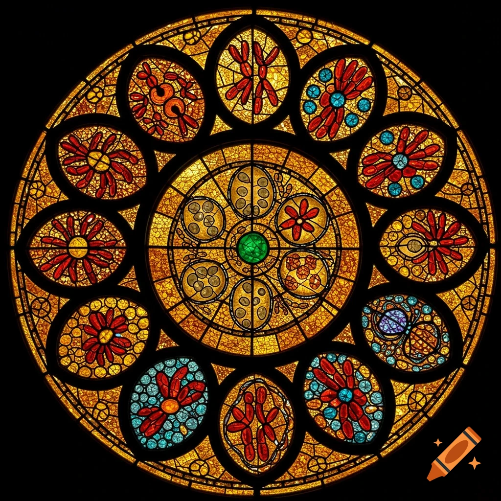 Stained glass window depicting the stages of mitosis.