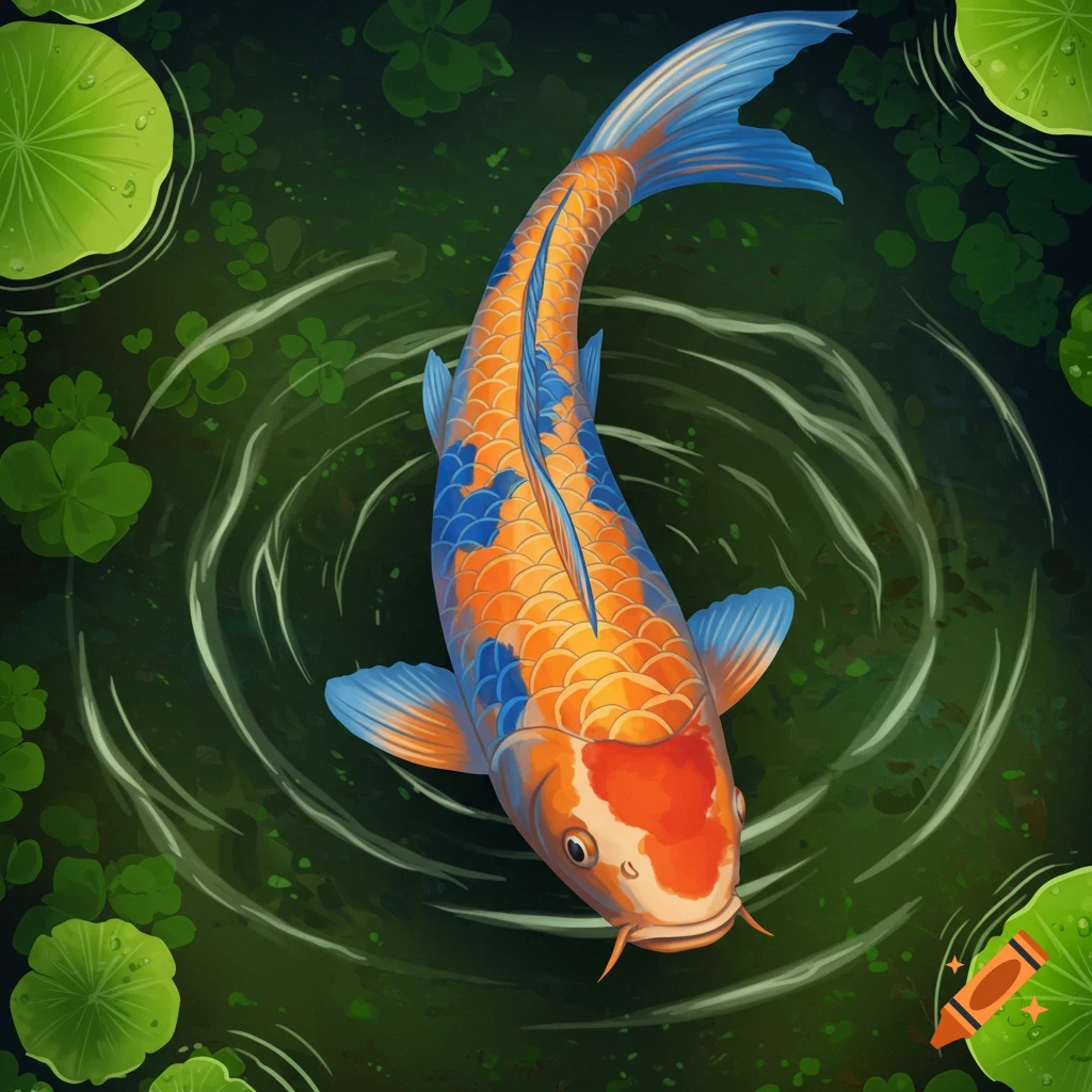 A colorful koi fish swimming in a pond with lily pads.