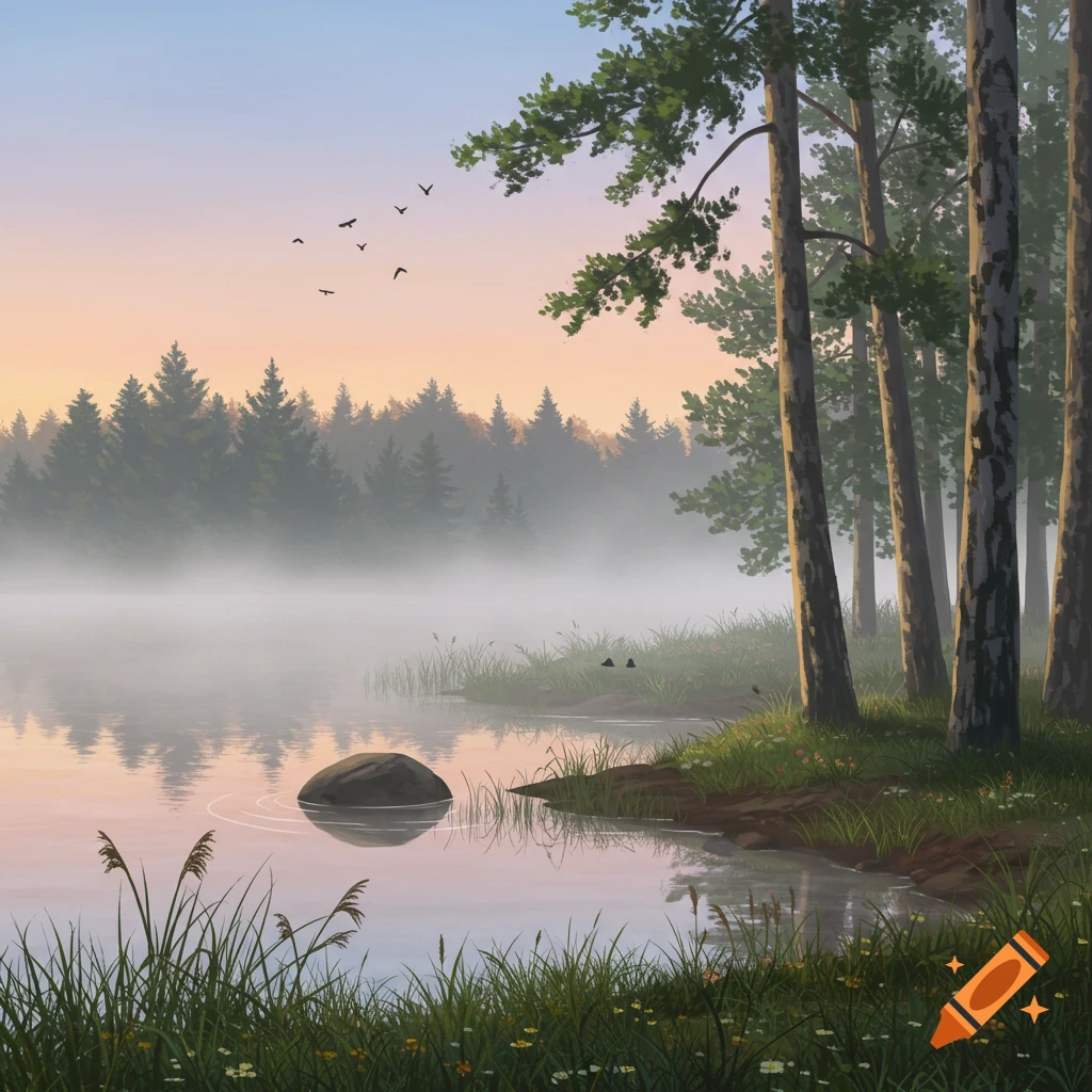 A misty lakeside at dawn with tall trees, a rock in the water, grass in the foreground, and birds flying.