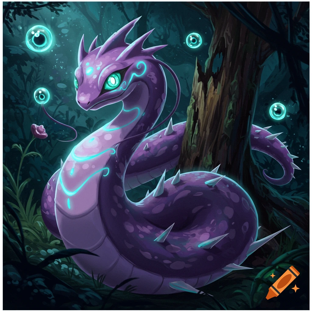 A purple dragon-like fantasy creature with glowing markings in a dark forest.