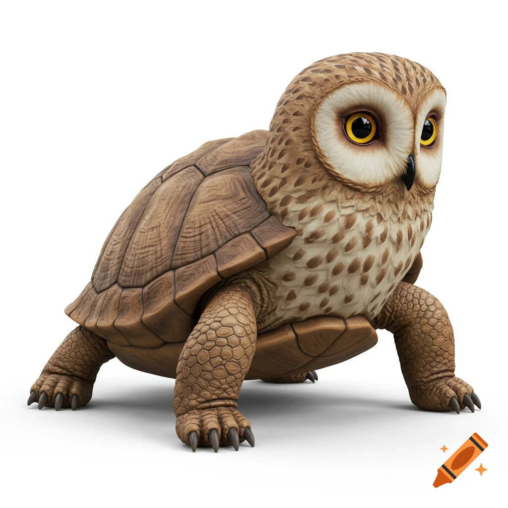 A 3D render of a turtle owl morph standing on a white background.