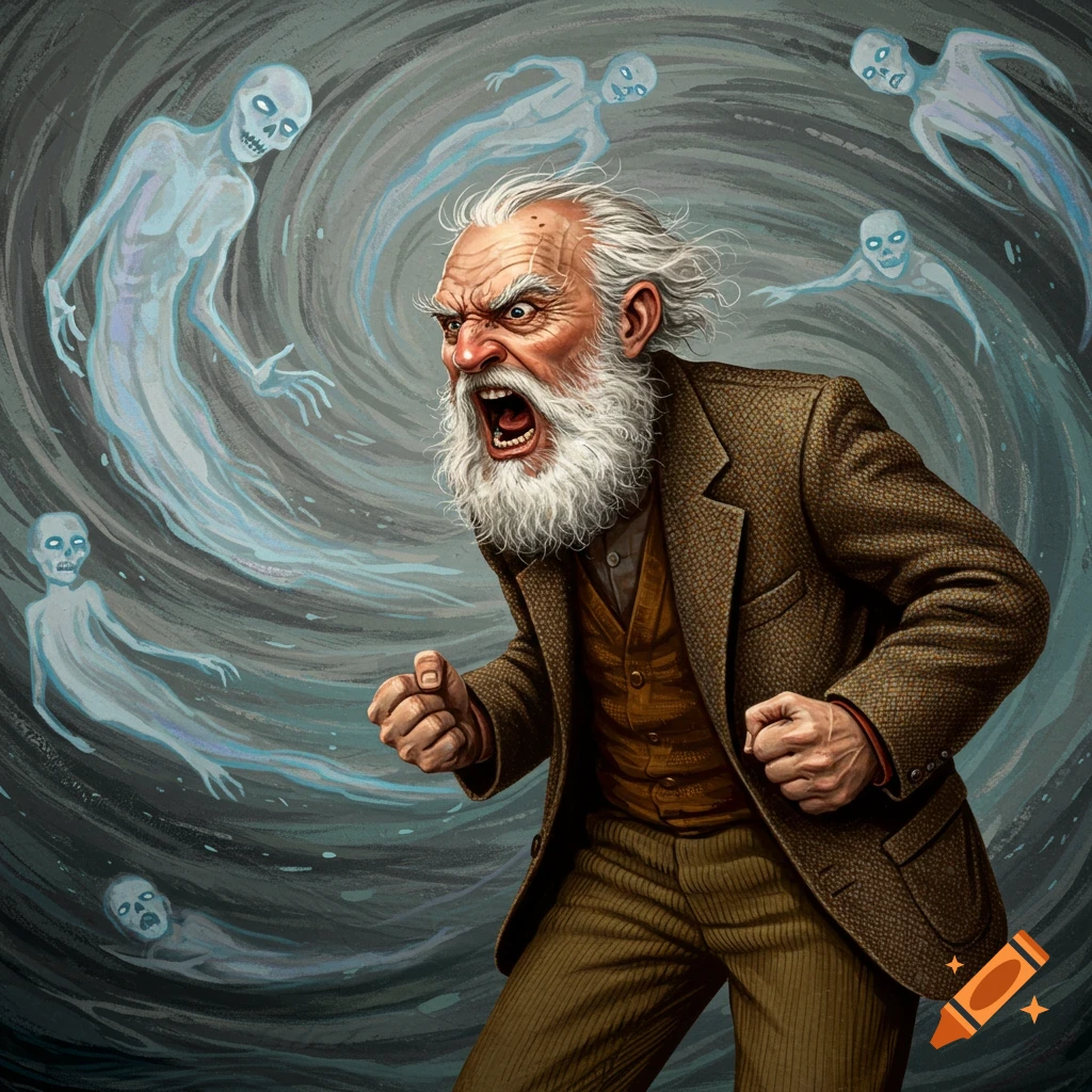 An old man yells at a group of swirling ghosts.