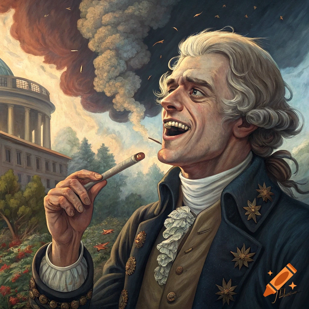 Caricature of Thomas Jefferson with grillz, smoking a blunt, in front of a capitol-like building with dramatic smoke and sky.