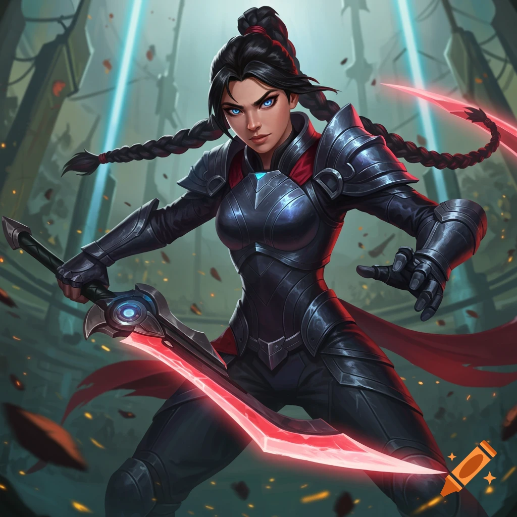 A female warrior in dark armor holding a glowing red sword stands in a ruined city.