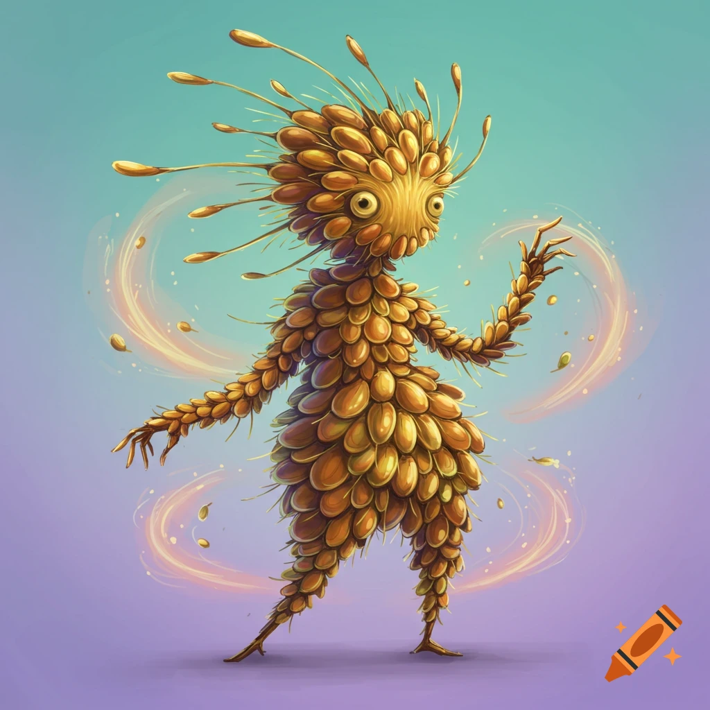 A whimsical creature made of golden seed shapes.