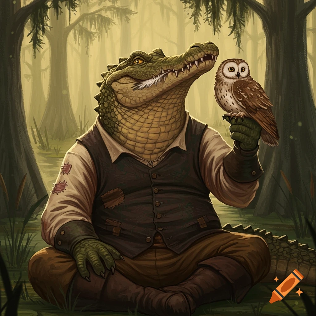 An anthropomorphic alligator sits in a swamp holding a small owl.