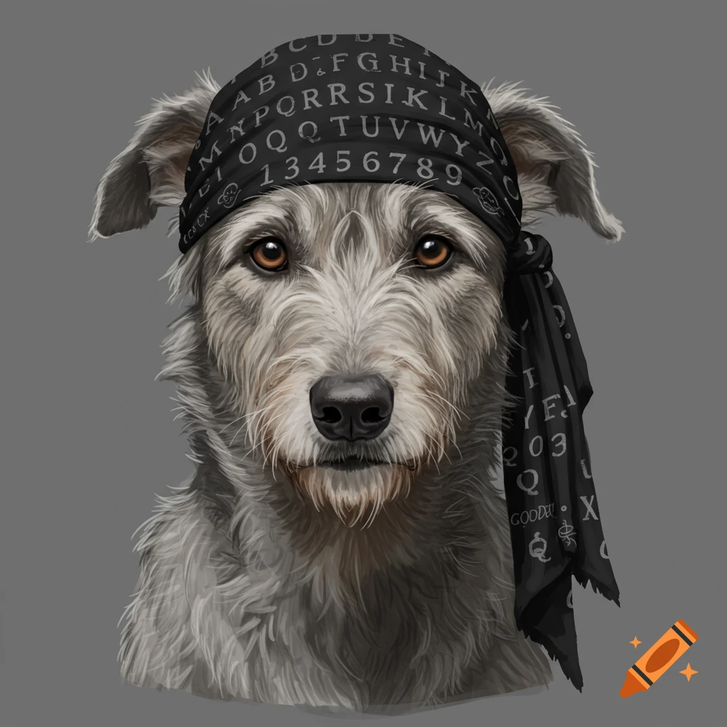 A dog wearing a black bandana with letters and numbers.