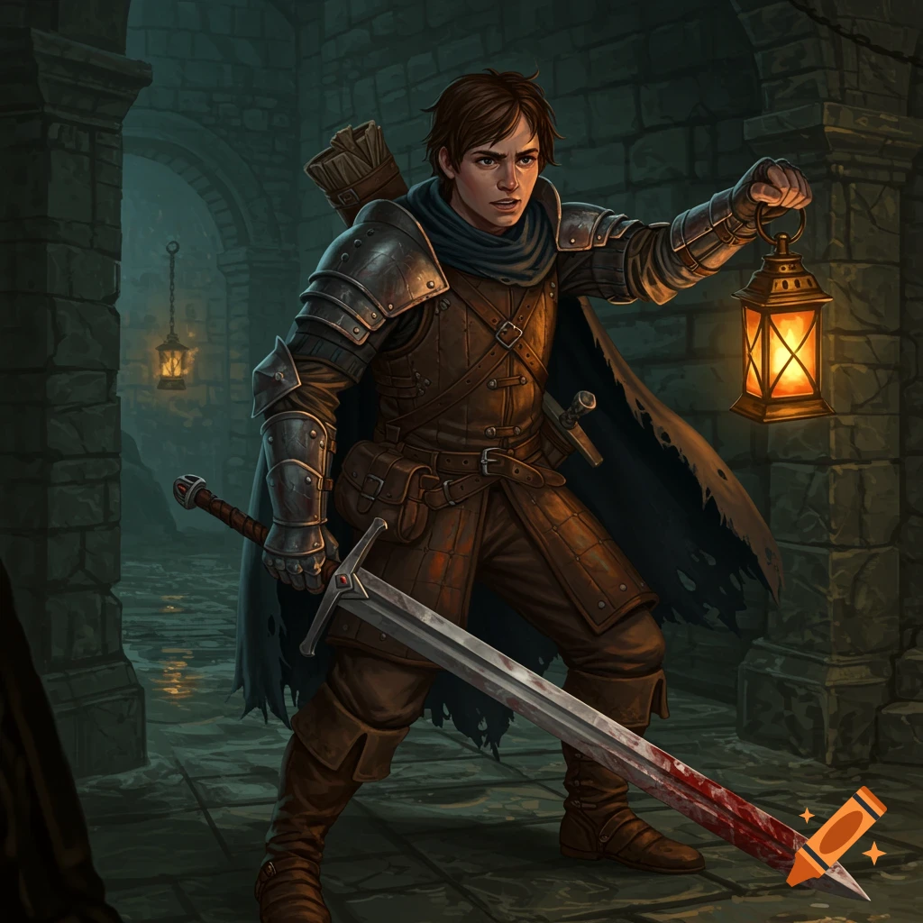 A young adventurer in fantasy armor holds a glowing lantern and a bloody sword in a dark dungeon.