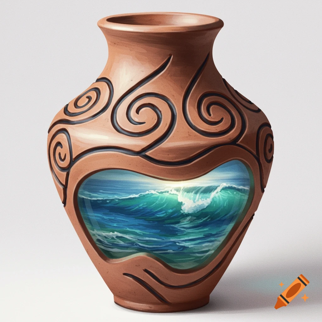 A clay vase with swirling patterns and a window revealing an ocean wave.
