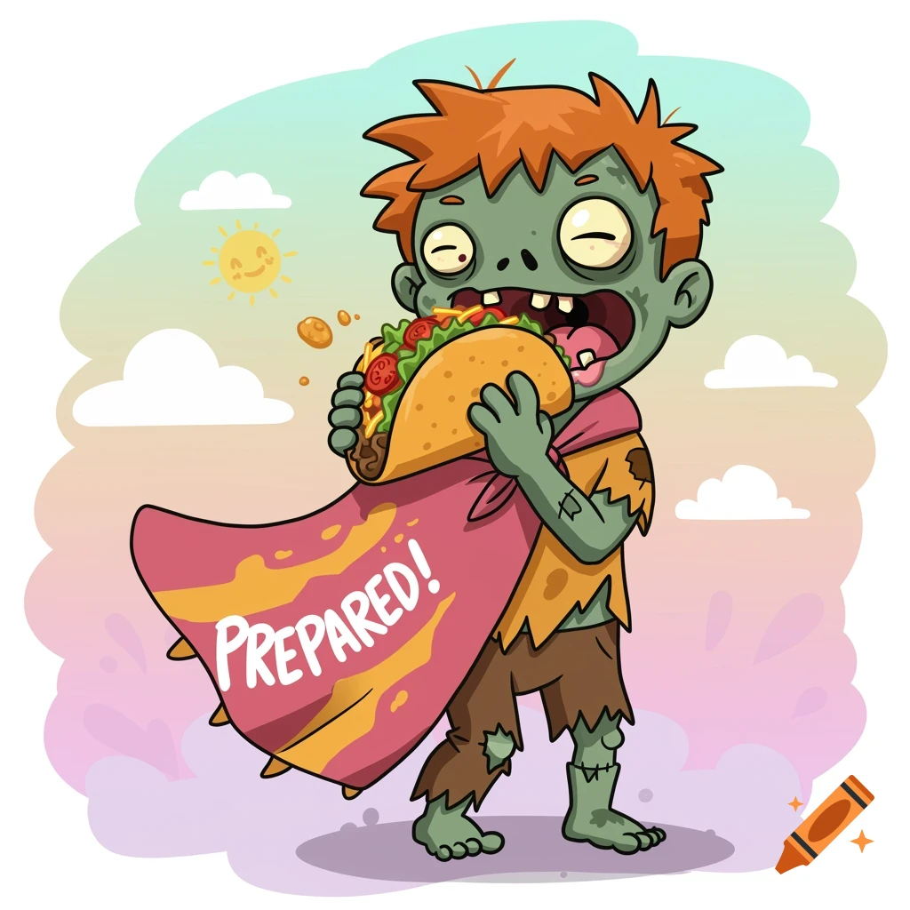Cartoon zombie eating a taco and wearing a cape that says 'Prepared!'.