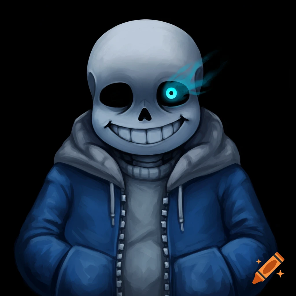 A depiction of the skeletal character Sans from Undertale, wearing a blue jacket and grey sweater, with a glowing blue eye.