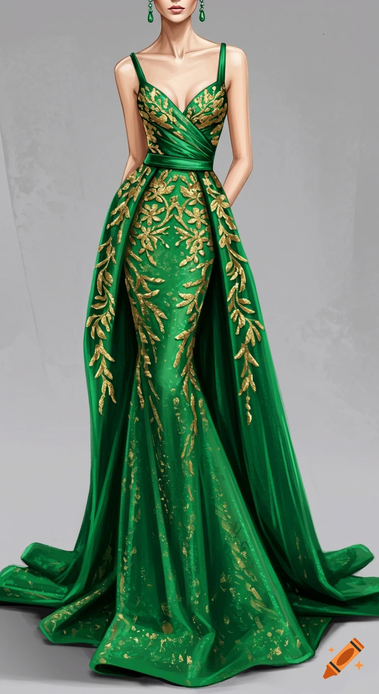 Painting of a person wearing an elaborate green dress with gold embroidery.