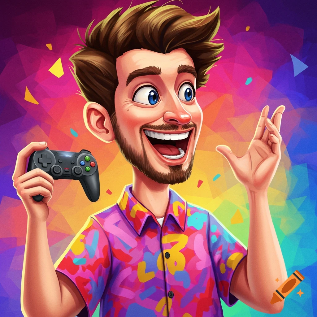 Cartoon portrait of a man in a colorful shirt holding a game controller against a vibrant background.