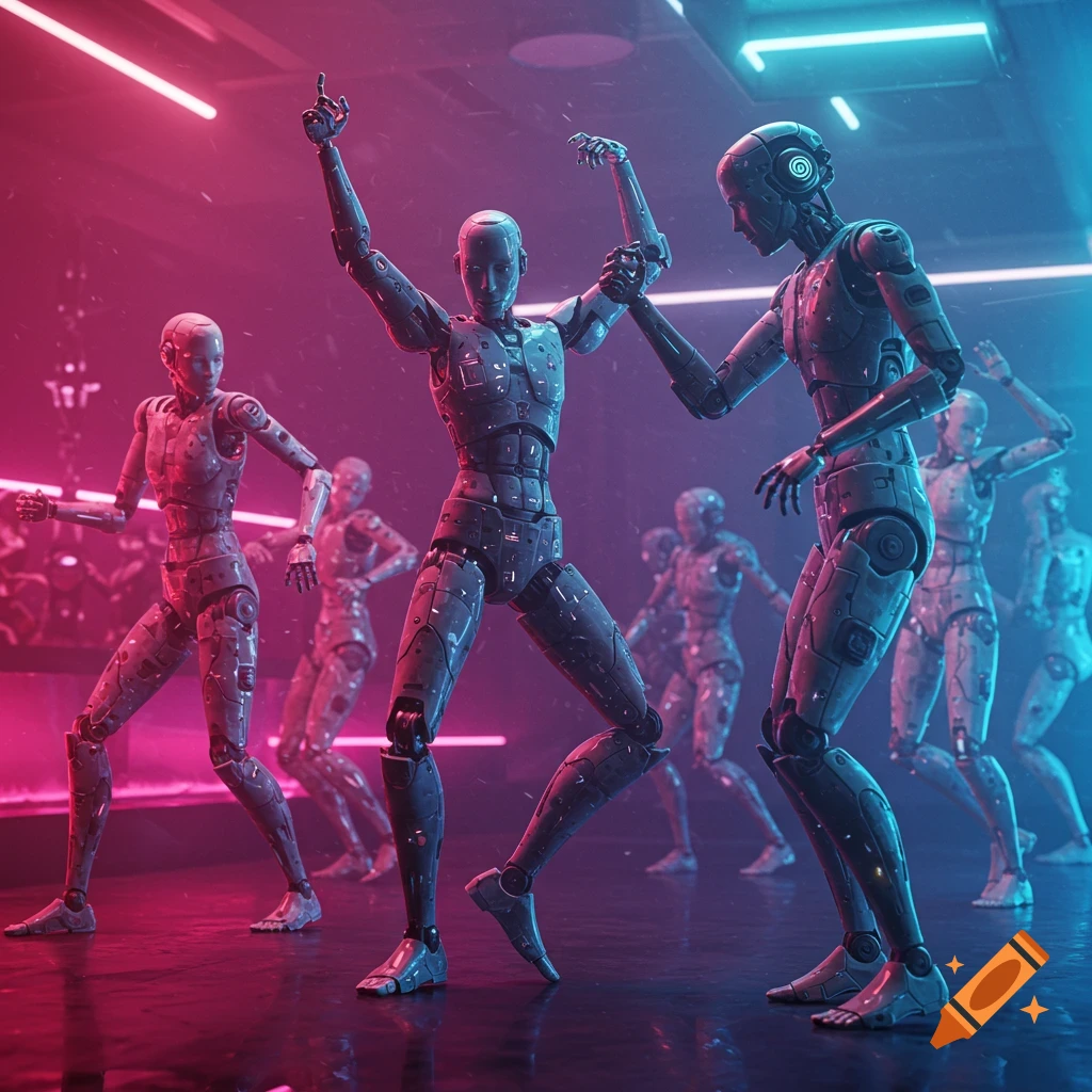 Robots dancing in a club lit with pink and blue neon lights