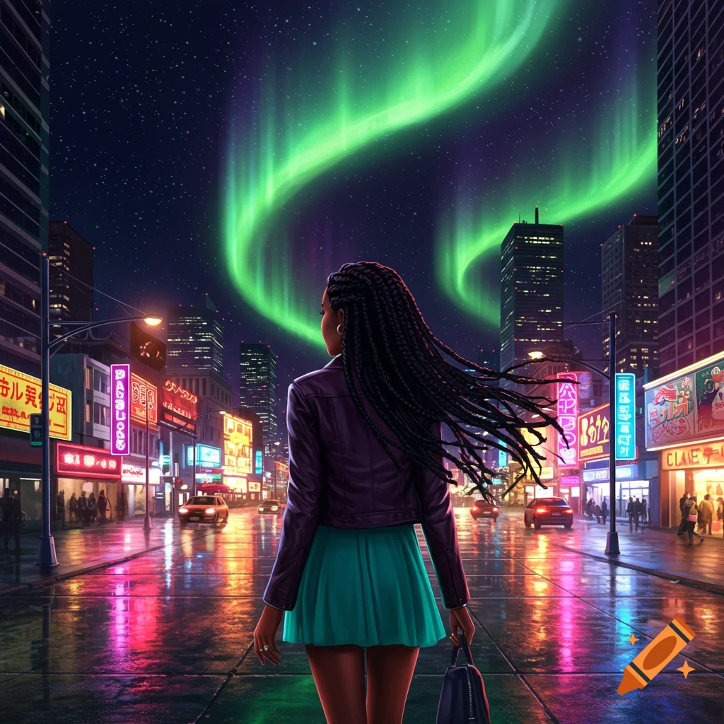A woman stands on a wet city street at night looking up at the aurora borealis above buildings.