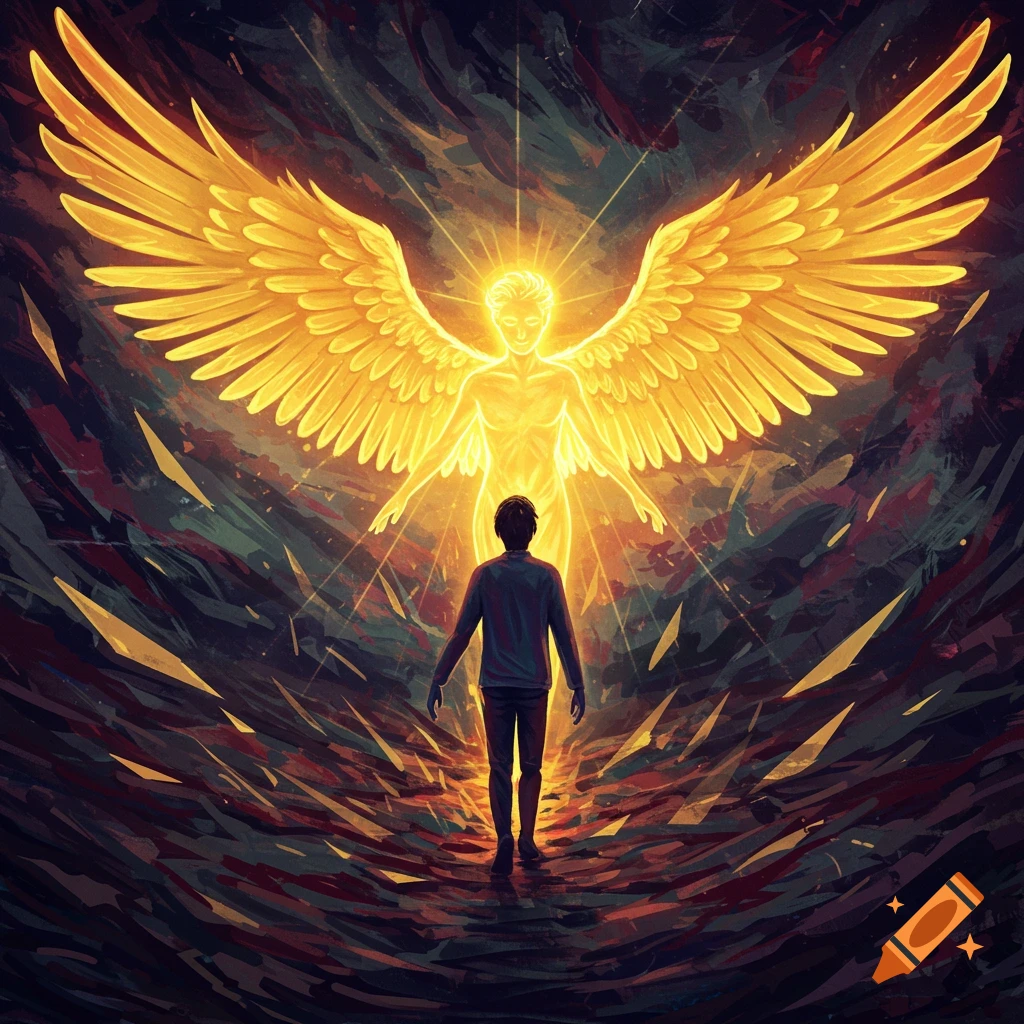 A person faces a glowing angelic figure with large wings amidst chaos.