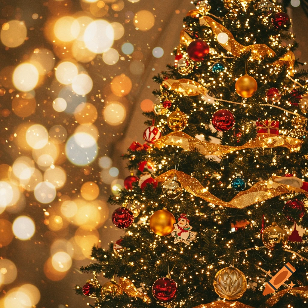 Close-up of a festive Christmas tree decorated with lights, ornaments, and ribbon, with bokeh background.