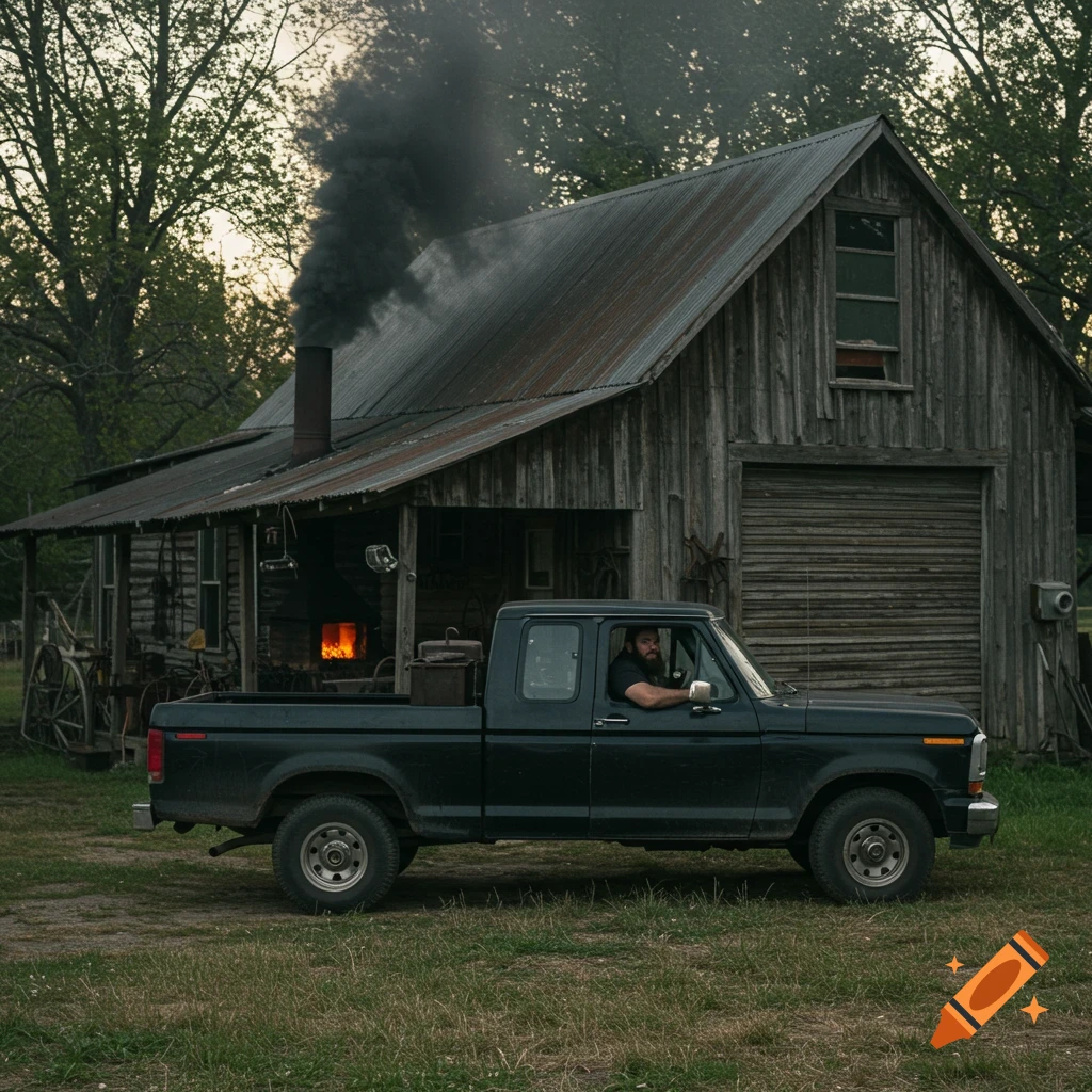 A man sits in a black Ford truck outside a rustic wooden building with smoke coming from a chimney.