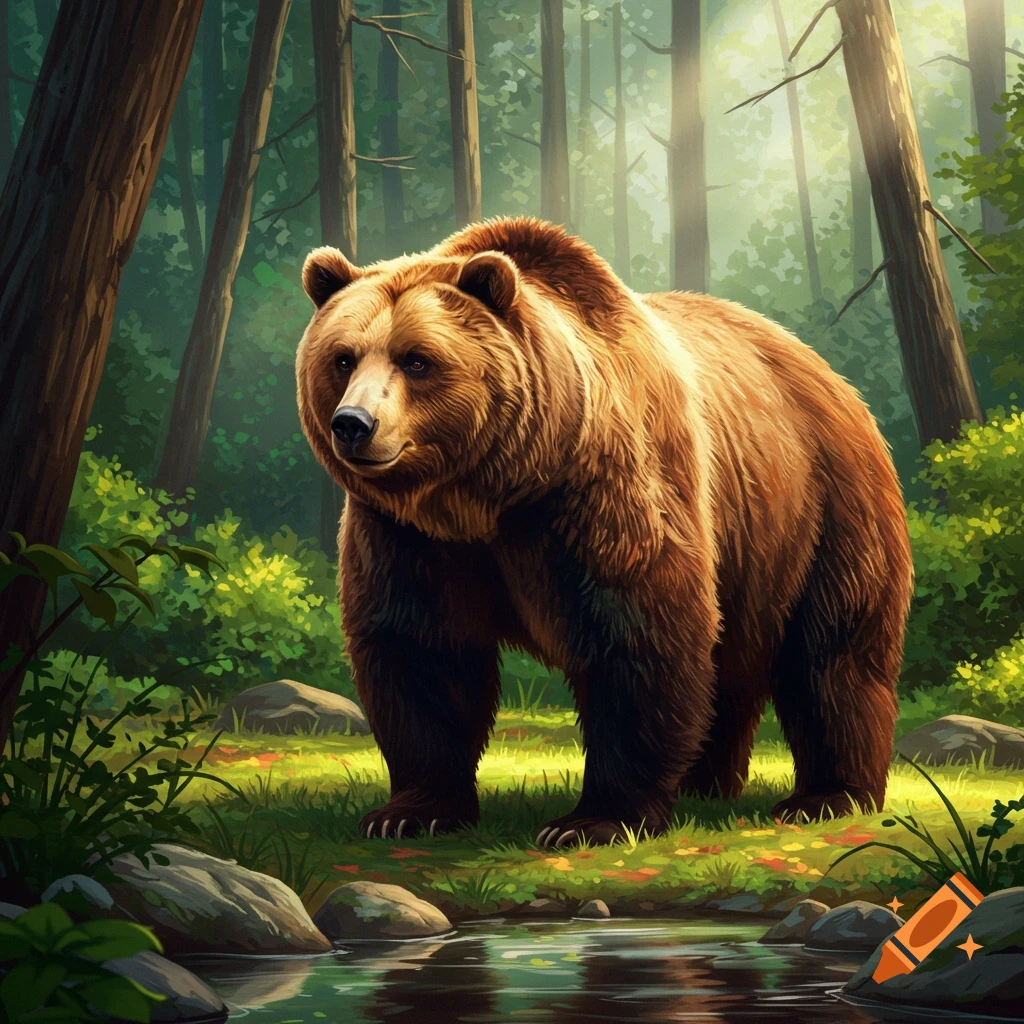 A brown bear stands in a forest by a stream.