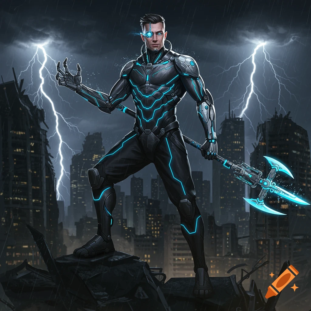 A futuristic male character in a black and blue suit stands on ruins in a lightning storm over a city.