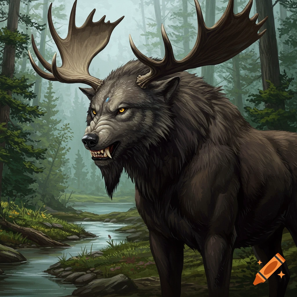 A mythical wolf-moose creature standing in a forest by a stream.