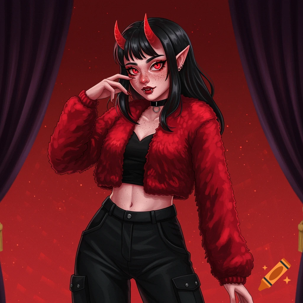 Illustration of a character with red horns, red eyes, fangs, and pointy ears, wearing a red fluffy cropped jacket and black pants.