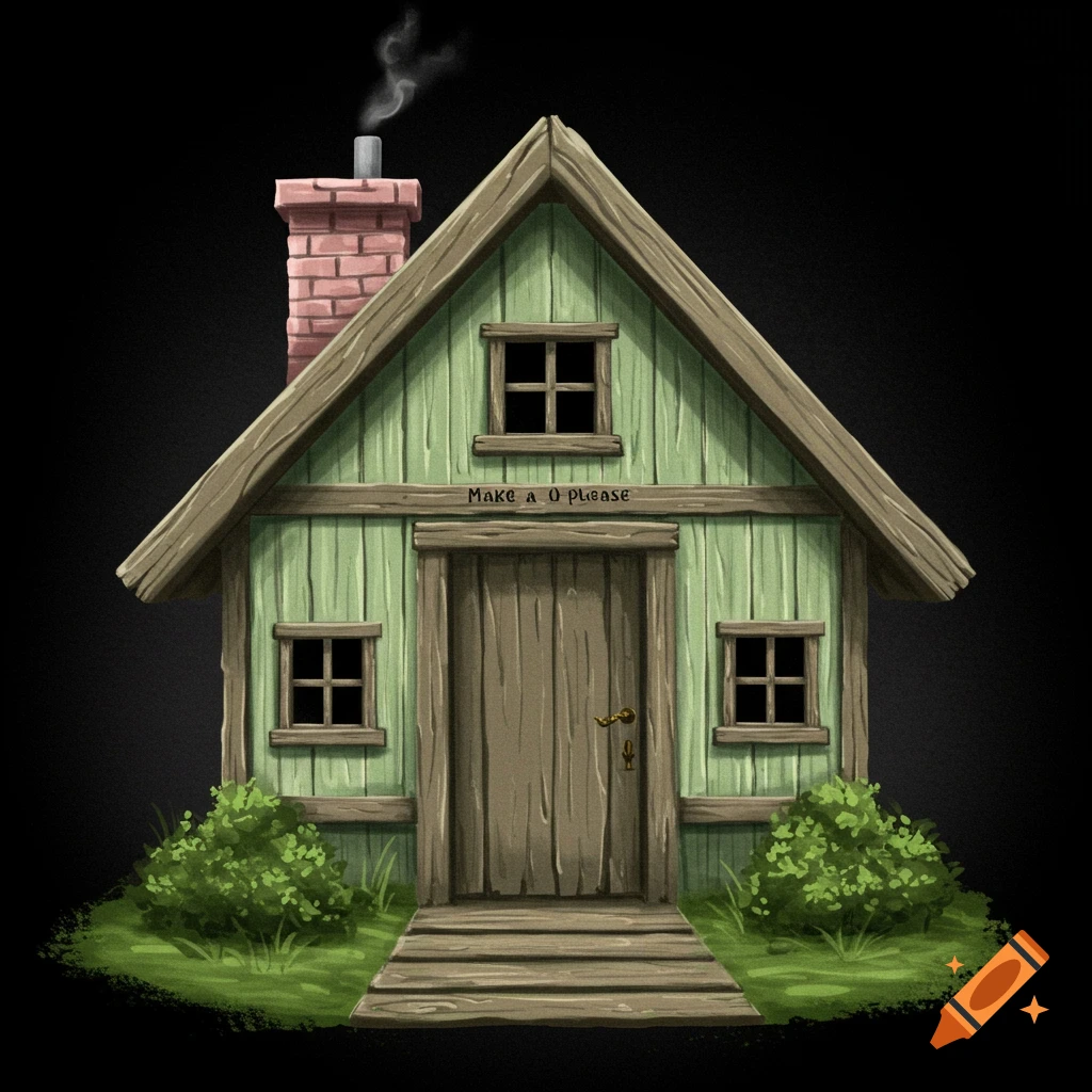 A cartoonish green house with a chimney, path, and bushes against a black background.